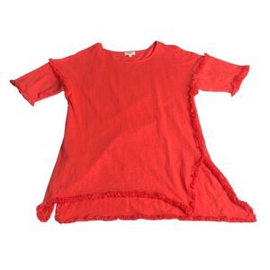 Umgee Top Womens M Strawberry Coral Tunic Short Frayed Sleeves Hi Lo Beachy Boho